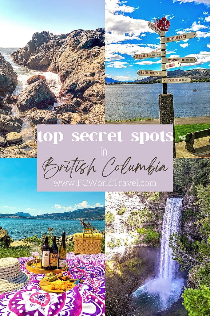 A collage of the best spots in BC including a waterfall in Wells Gray Park, a picnic on Okanagan Lake in Penticton, and a beach in Ucluelet on Vancouver Island