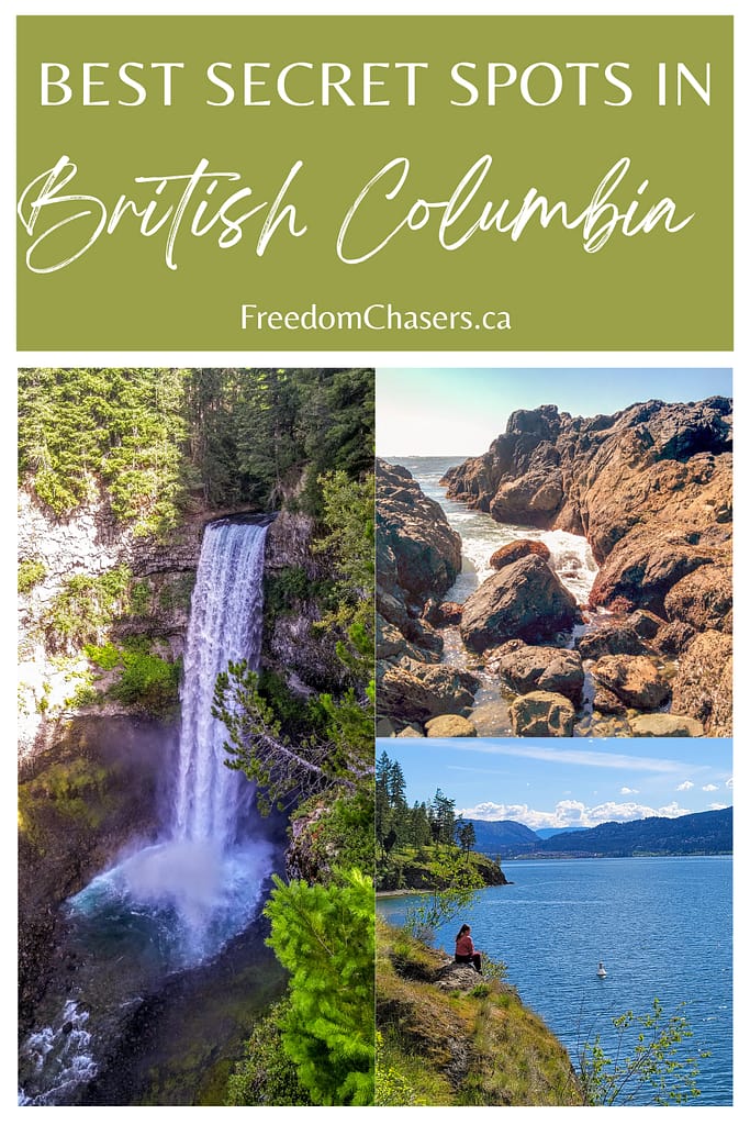 A photo collage of the best spots in BC. A waterfall at Wells Gray Park, the ocean walk at Ucluelet on Vancouver Island and the Okanagan Lake in Penticton.