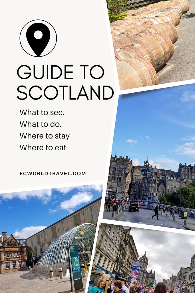 A collage of photos. The first is a whiskey distillery in Scotland, the next is downtown Edinburgh and the Edinburgh Castle. The next is a photo of a popular neighborhood in Glasgow.